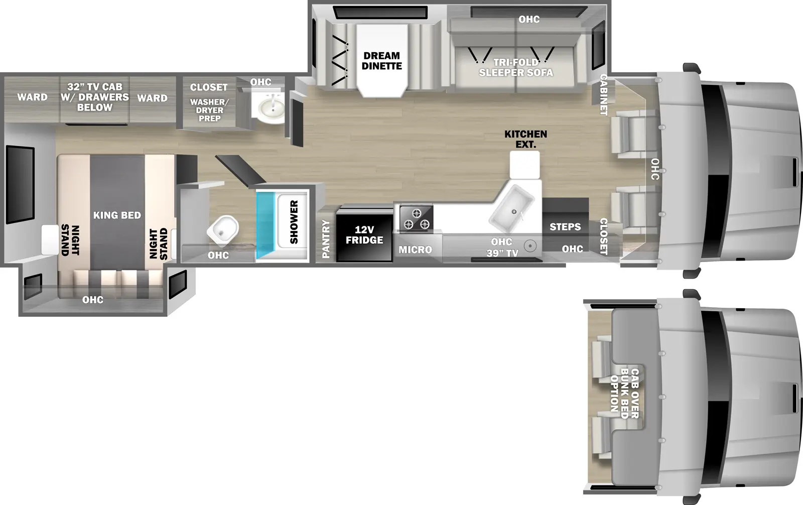The 34SS has two slideouts and one entry. Interior layout front to back: front cockpit with overhead cabinets, off-door side cabinet and door side closet (optional cab-over bunk bed); off-door side slideout with tri-fold sleeper sofa with overhead cabinet, and dream dinette; door side entry steps, kitchen counter with extension, sink, overhead cabinet with TV, cooktop, microwave, 12V refrigerator, and pantry; door side room with toilet, shower and overhead cabinet, and off-door side vanity with overhead cabinet and closet with washer/dryer prep; rear bedroom with door side king bed slideout with overhead cabinet and night stands on each side, and off-door side TV cabinet with drawers below and wardrobes on each side. 